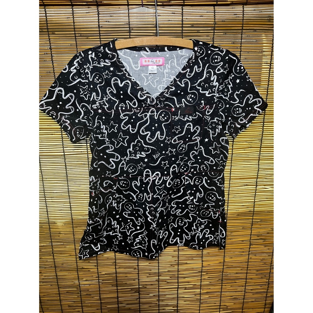 Koi Scrub XS Top Gingerbread Man Star Print Black White Cotton Blend XS